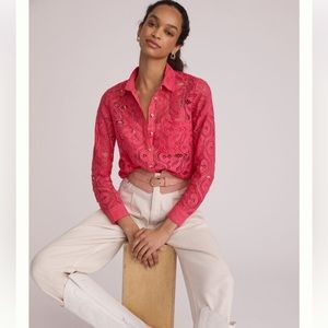 Anthropologie Maeve Slim Button Down Lace Roll Tab Sleeve Size 10